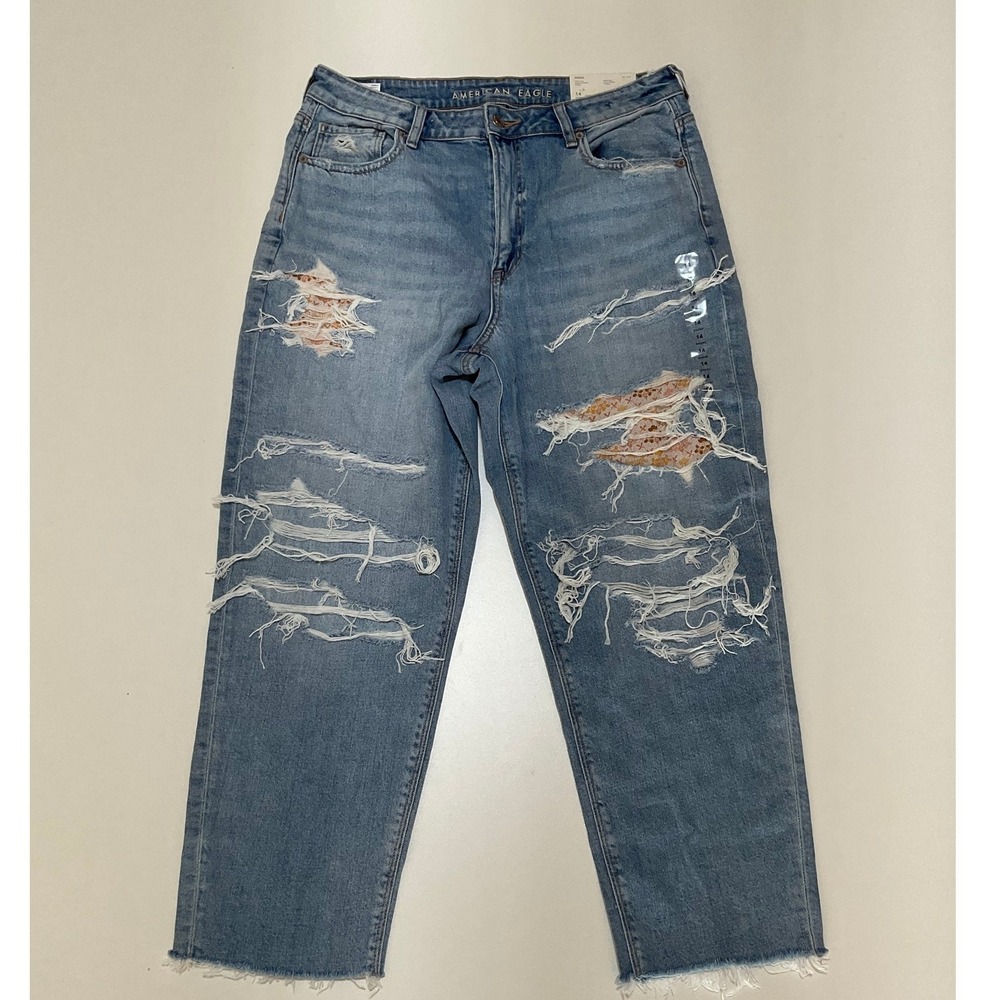 American Eagle Strigid Mom Straight Jeans Distressed Leopard Blue 14 Short